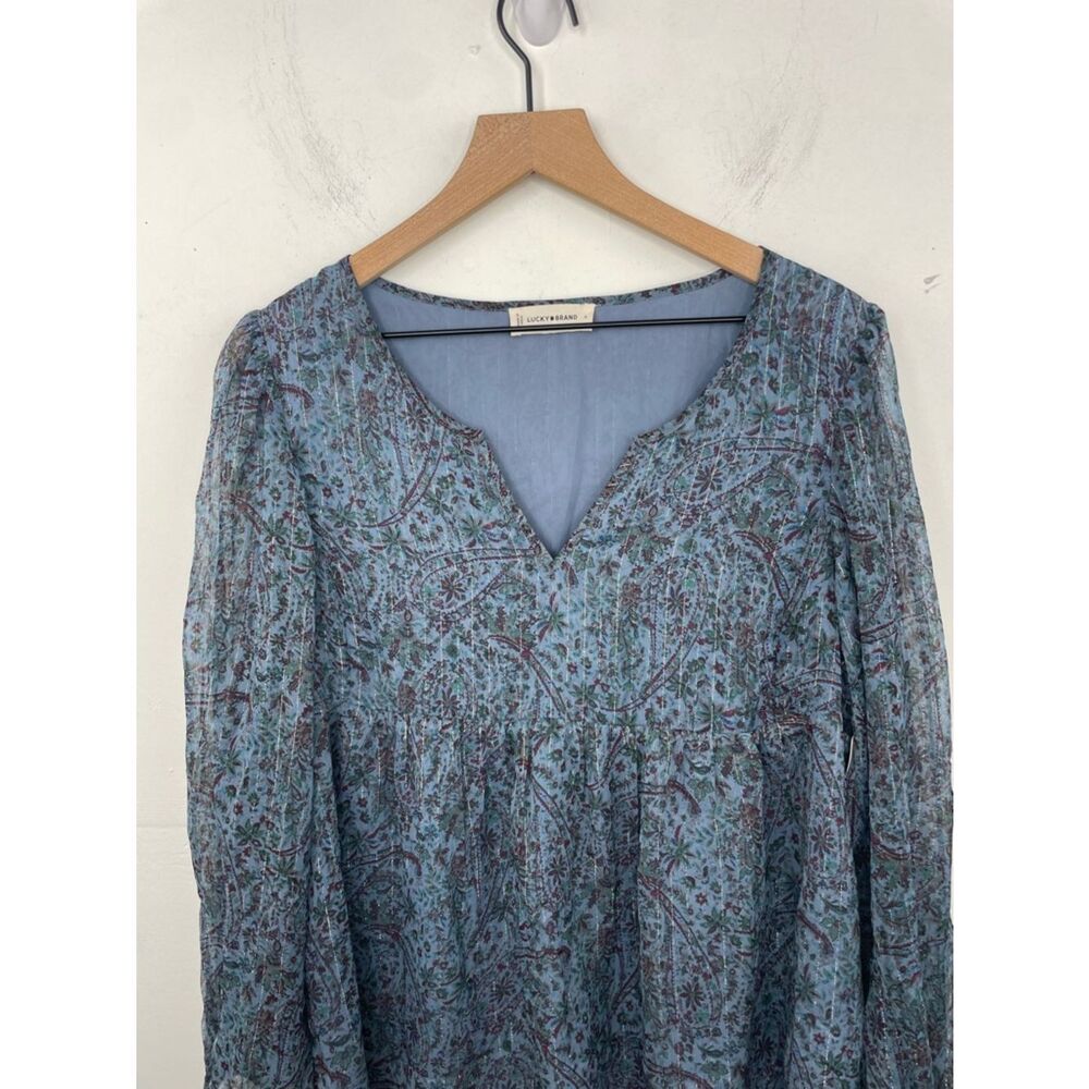 Lucky Brand Teal Blue Paisley V-Neck Long Sleeve Blouse peasant boho size Large - Picture 4 of 16